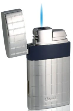 Caseti Troy Polished Chrome With Blue Single Torch Flame Cigar Lighter