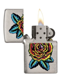 Zippo Flower Color Image On Brushed Chrome Lighter